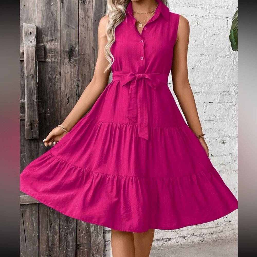 Boho ruffle hem belted shirt dress
